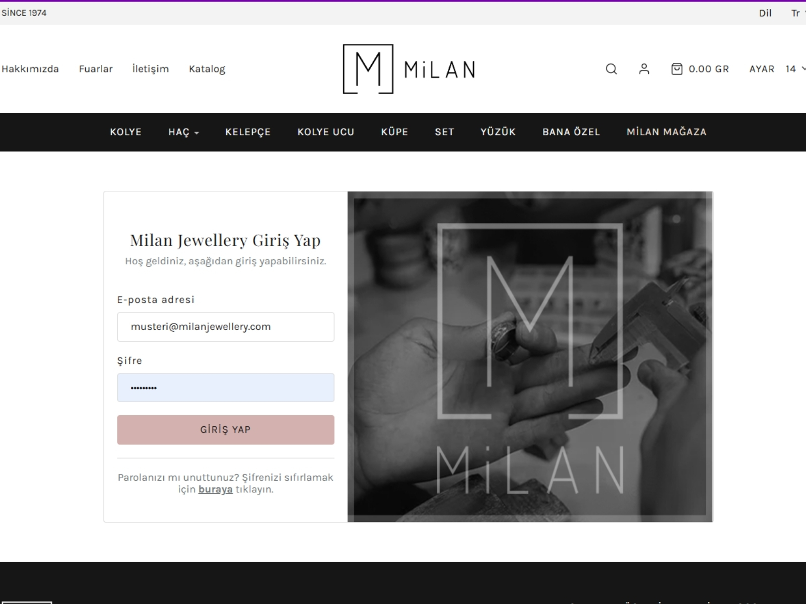 Milan Jewellery bayi hesabına giriş ekranı