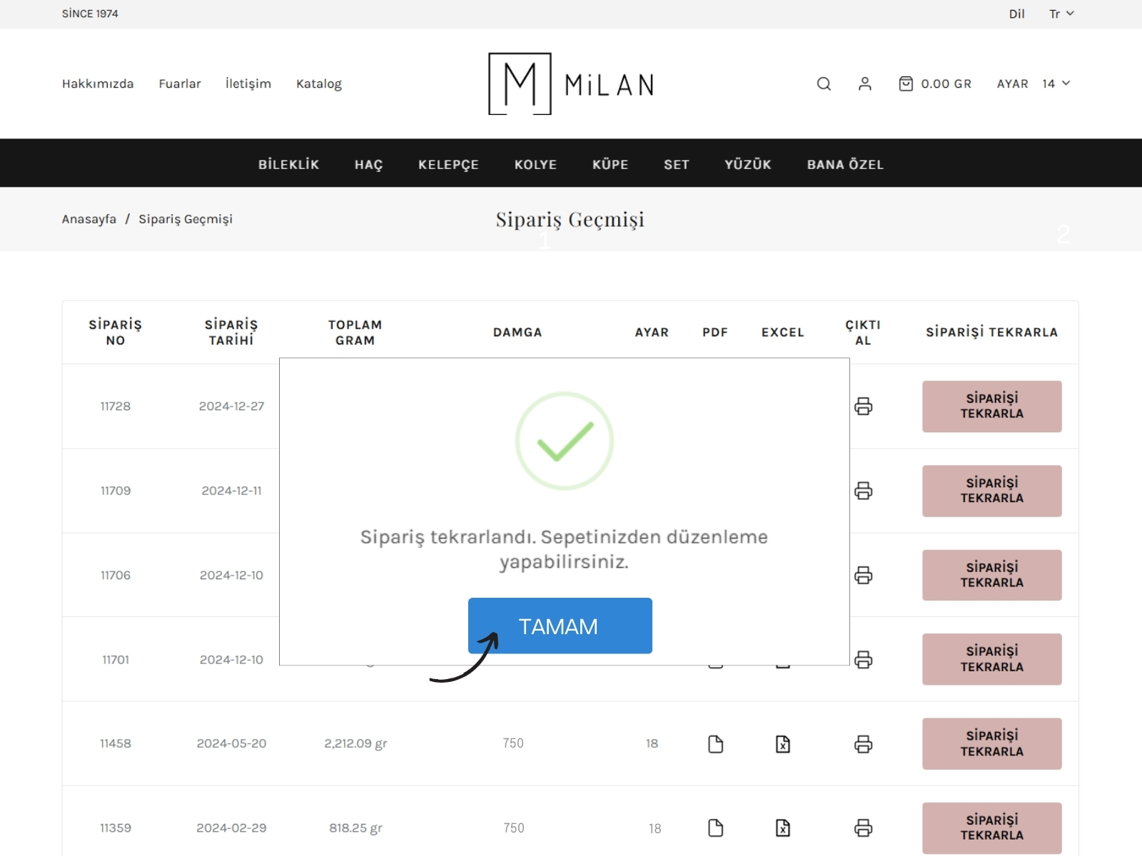 Tekrarlanan sipariş başarı mesajı