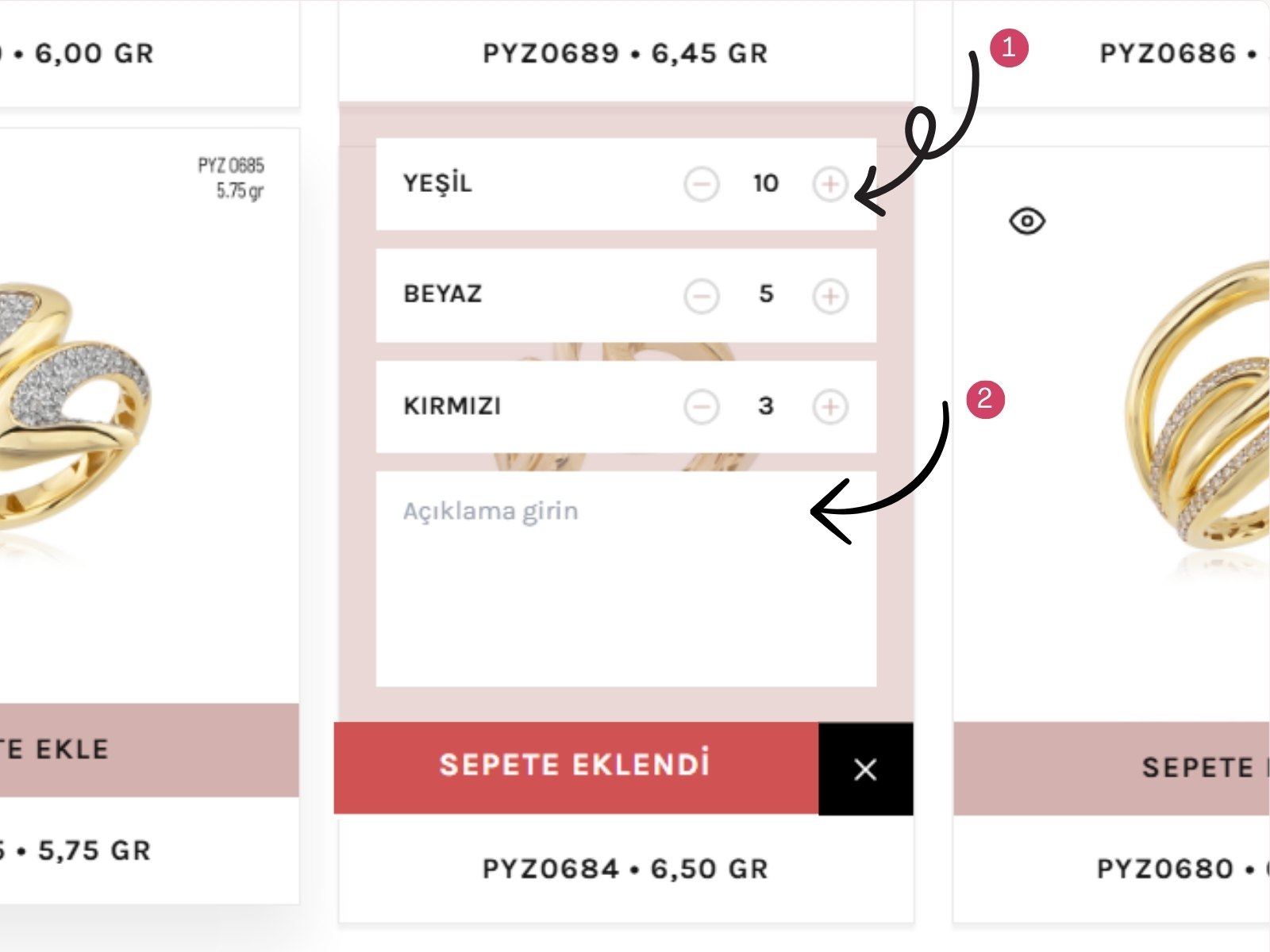 Ürünün renk, adet ve sipariş notu alanları